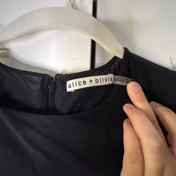 Alice and Olivia Chara Faux Leather Party Dress Pleated Skirt Mini Black Sheer - Picture 3 of 7